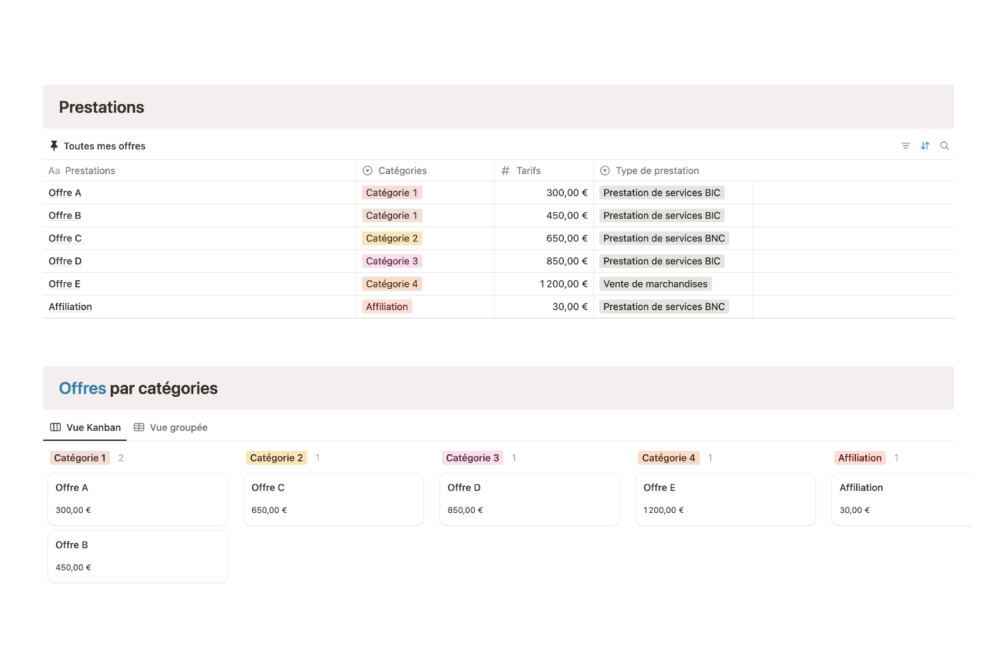 template Notion Gestion & Clients offres prestations emeline design