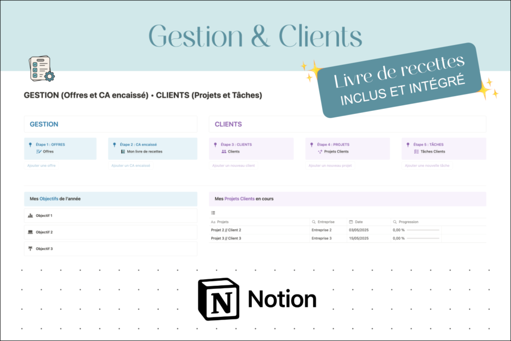 template Notion Livre de Recettes + Gestion & Clients emeline design